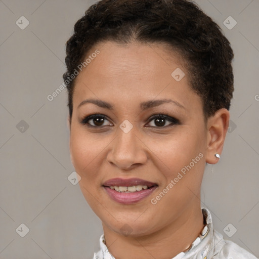 Joyful white young-adult female with short  brown hair and brown eyes