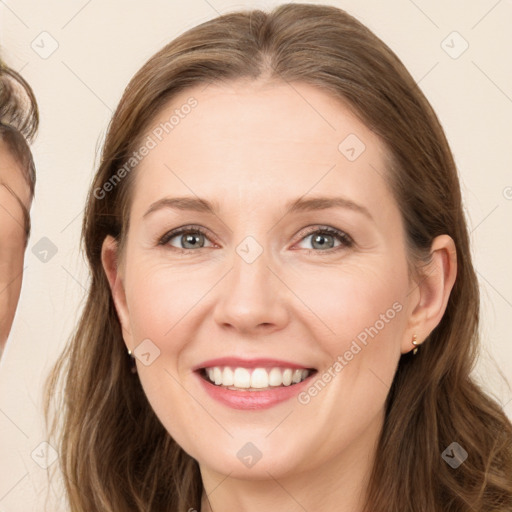 Joyful white young-adult female with long  brown hair and grey eyes