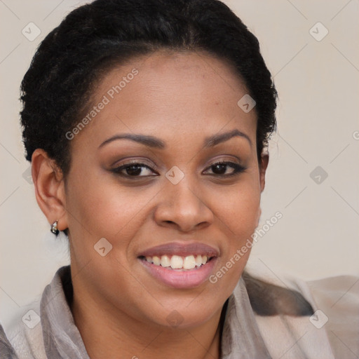 Joyful black young-adult female with short  brown hair and brown eyes