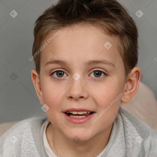 Joyful white child female with short  brown hair and brown eyes