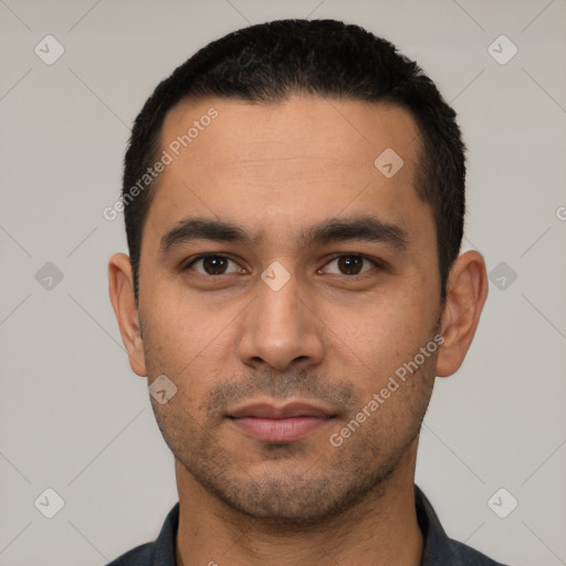 Neutral latino young-adult male with short  black hair and brown eyes