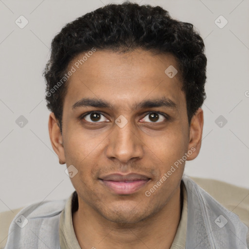 Joyful latino young-adult male with short  brown hair and brown eyes