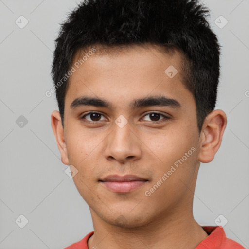 Neutral latino young-adult male with short  black hair and brown eyes