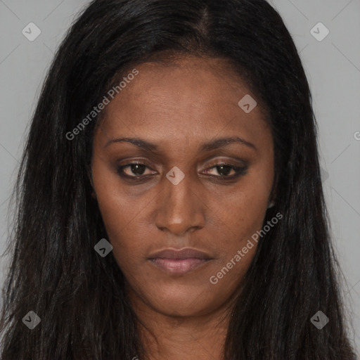 Joyful asian young-adult female with long  brown hair and brown eyes