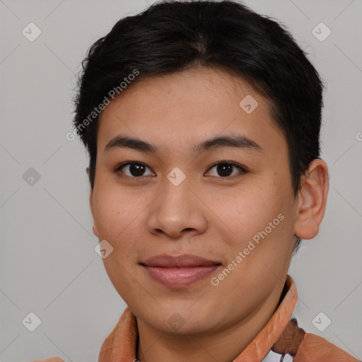 Joyful asian young-adult female with short  brown hair and brown eyes