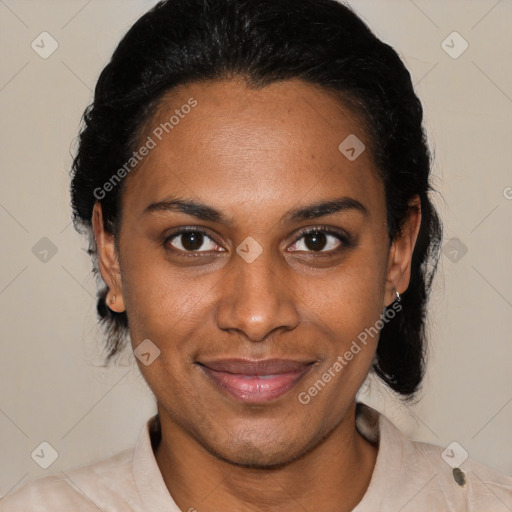 Joyful black young-adult female with medium  black hair and brown eyes