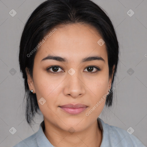 Joyful asian young-adult female with medium  black hair and brown eyes