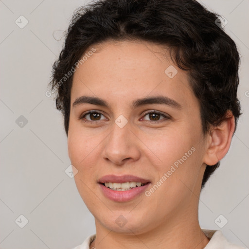 Joyful white young-adult female with short  brown hair and brown eyes