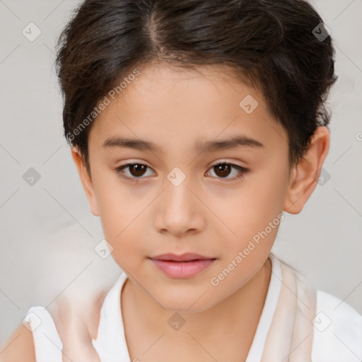 Joyful white child female with short  brown hair and brown eyes