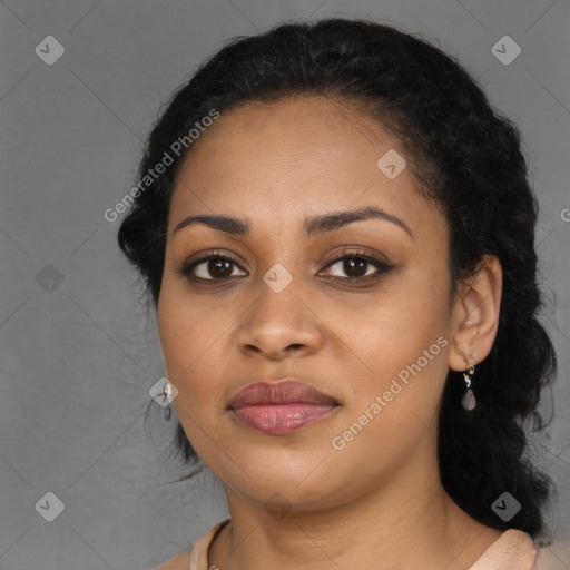 Joyful latino young-adult female with long  black hair and brown eyes