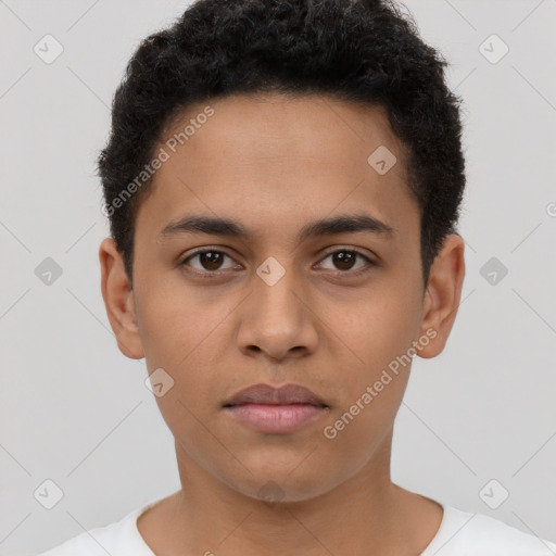 Neutral latino young-adult male with short  brown hair and brown eyes