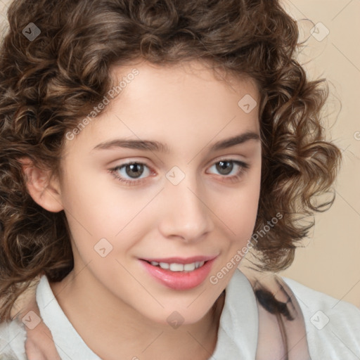 Joyful white child female with medium  brown hair and brown eyes