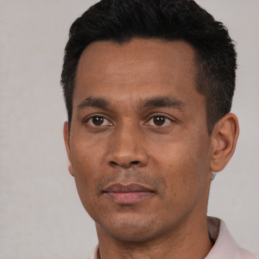 Neutral black young-adult male with short  black hair and brown eyes