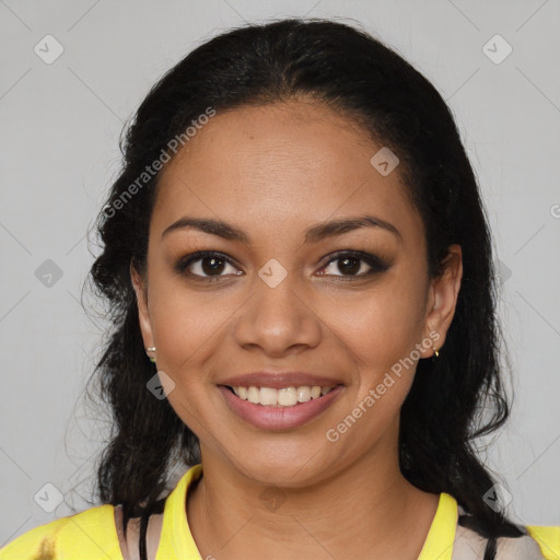 Joyful latino young-adult female with medium  brown hair and brown eyes