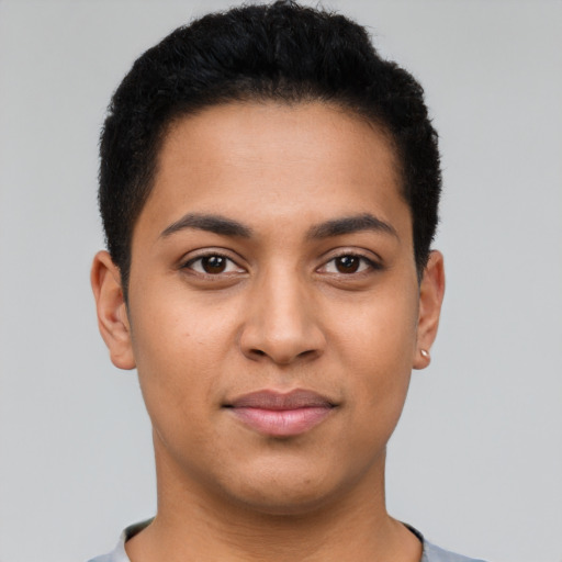 Joyful latino young-adult male with short  brown hair and brown eyes
