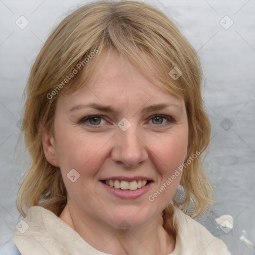 Joyful white young-adult female with medium  brown hair and blue eyes