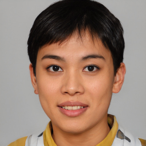 Joyful asian young-adult female with short  brown hair and brown eyes