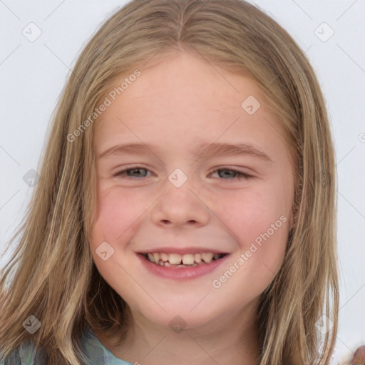 Joyful white child female with medium  brown hair and brown eyes