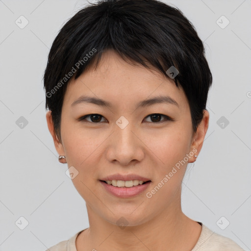 Joyful asian young-adult female with short  brown hair and brown eyes