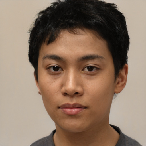 Neutral asian young-adult male with short  black hair and brown eyes