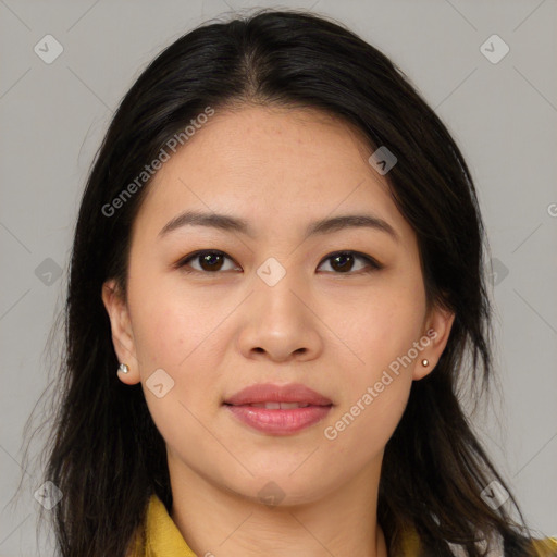 Joyful asian young-adult female with medium  brown hair and brown eyes