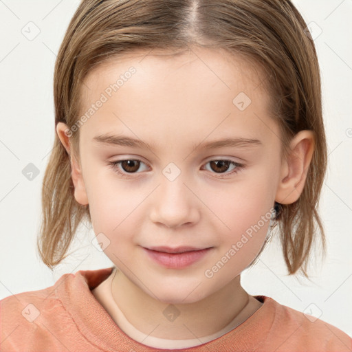 Joyful white child female with medium  brown hair and brown eyes