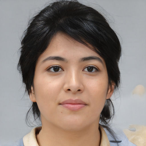 Neutral asian young-adult female with medium  brown hair and brown eyes