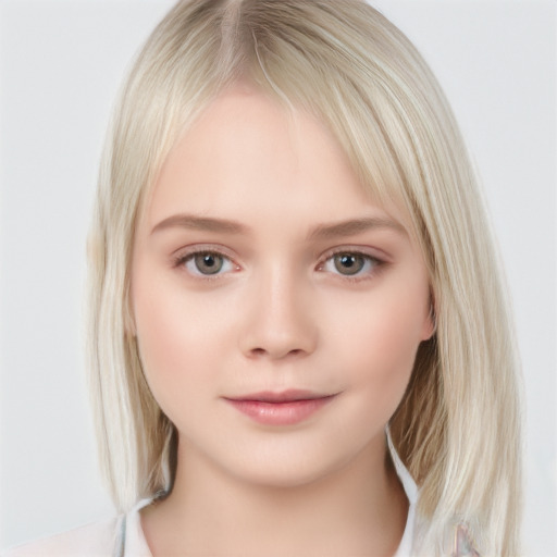 Neutral white young-adult female with medium  brown hair and blue eyes