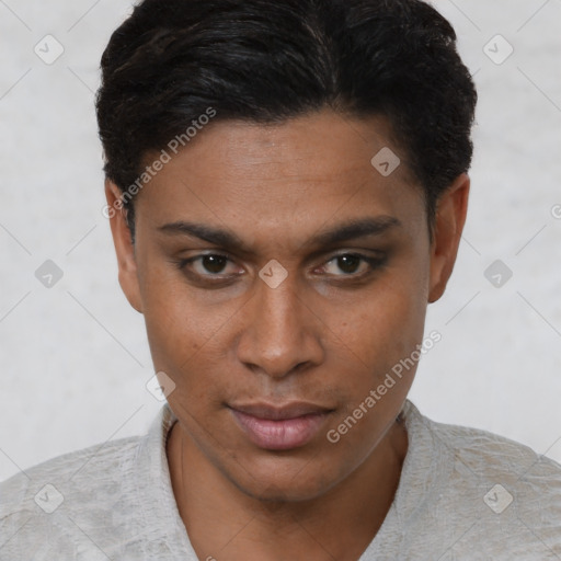 Neutral latino young-adult male with short  black hair and brown eyes