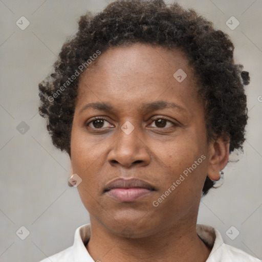 Neutral black adult female with short  brown hair and brown eyes