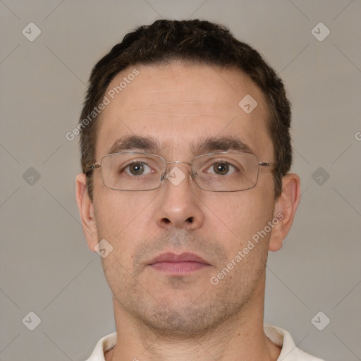 Neutral white adult male with short  brown hair and brown eyes