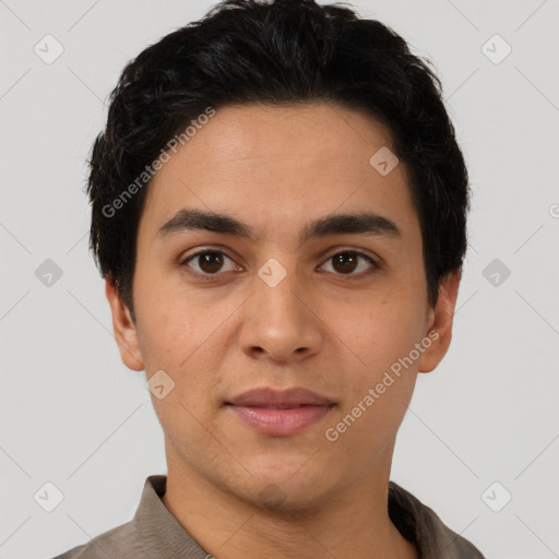 Neutral latino young-adult male with short  brown hair and brown eyes