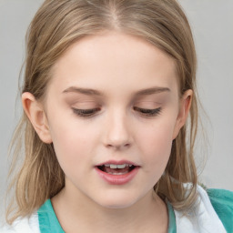 Joyful white child female with medium  brown hair and blue eyes