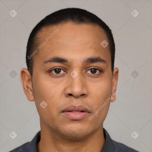 Neutral latino young-adult male with short  black hair and brown eyes