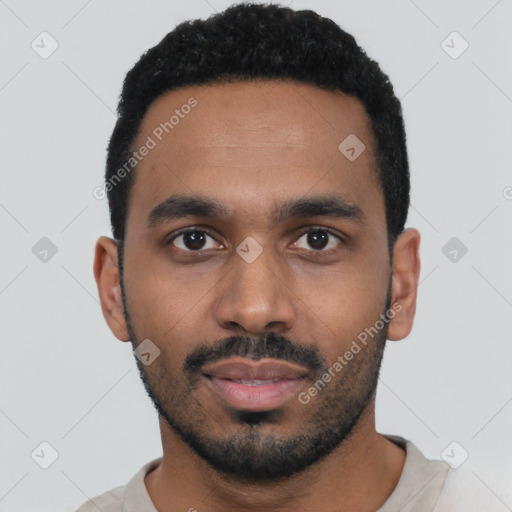 Neutral black young-adult male with short  black hair and brown eyes