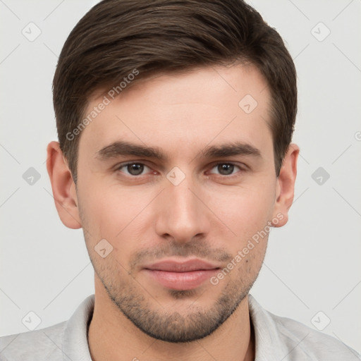 Neutral white young-adult male with short  brown hair and brown eyes