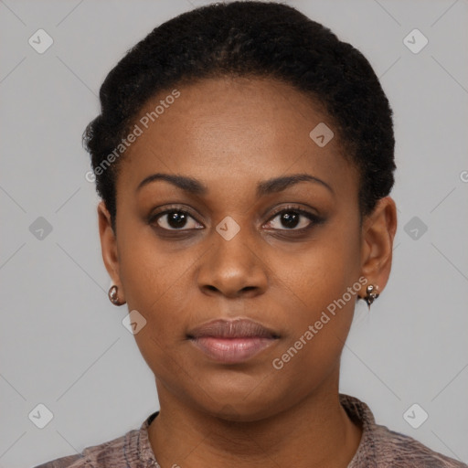 Neutral black young-adult female with short  black hair and brown eyes