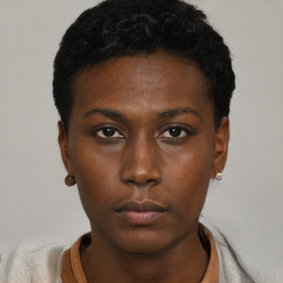 Neutral black young-adult female with short  black hair and brown eyes