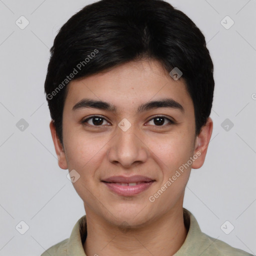 Joyful white young-adult male with short  black hair and brown eyes