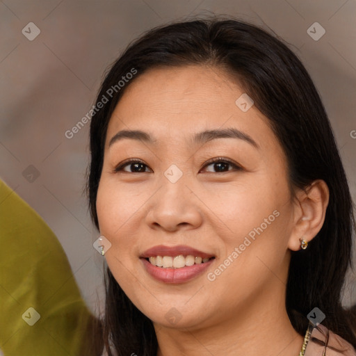 Joyful white young-adult female with medium  brown hair and brown eyes