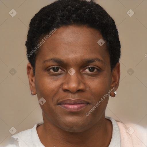 Joyful black young-adult male with short  brown hair and brown eyes