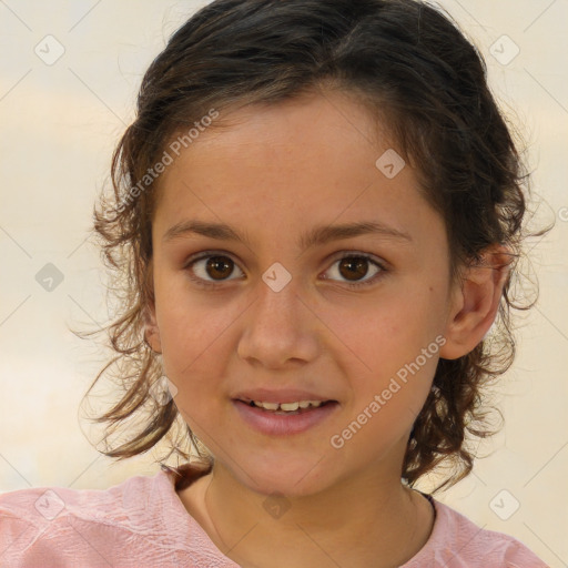 Joyful white child female with medium  brown hair and brown eyes