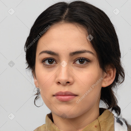 Neutral asian young-adult female with medium  brown hair and brown eyes