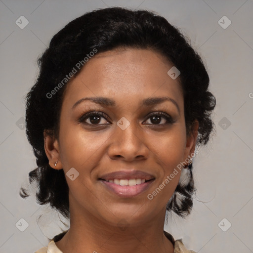 Joyful black young-adult female with medium  brown hair and brown eyes