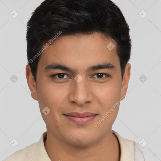 Joyful latino young-adult male with short  brown hair and brown eyes