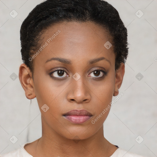 Neutral black young-adult female with short  brown hair and brown eyes