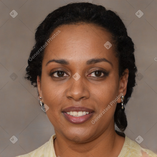 Joyful black young-adult female with medium  black hair and brown eyes