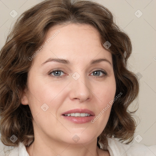 Joyful white young-adult female with medium  brown hair and green eyes