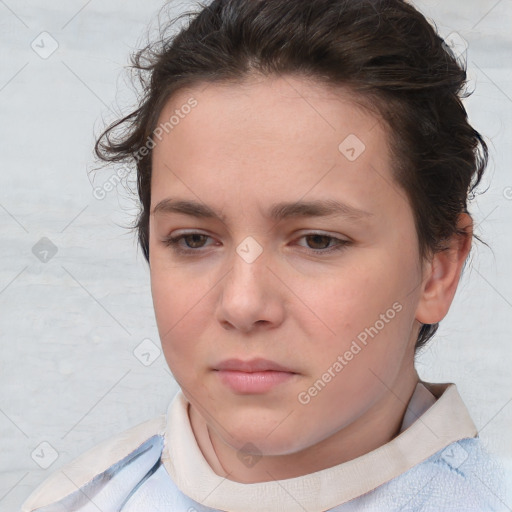 Neutral white young-adult female with short  brown hair and brown eyes