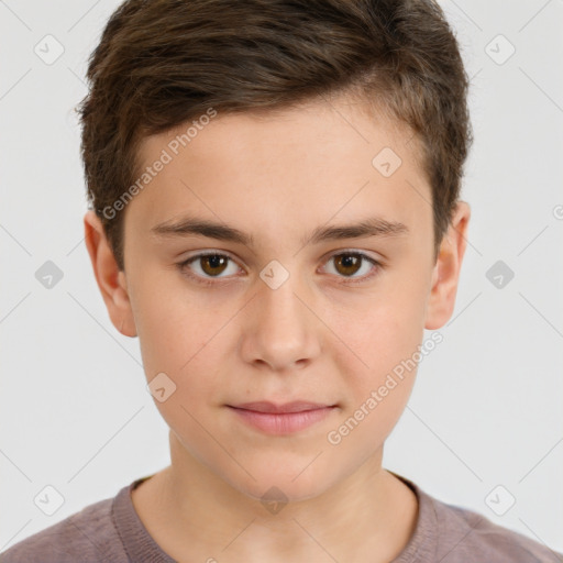 Joyful white child male with short  brown hair and brown eyes